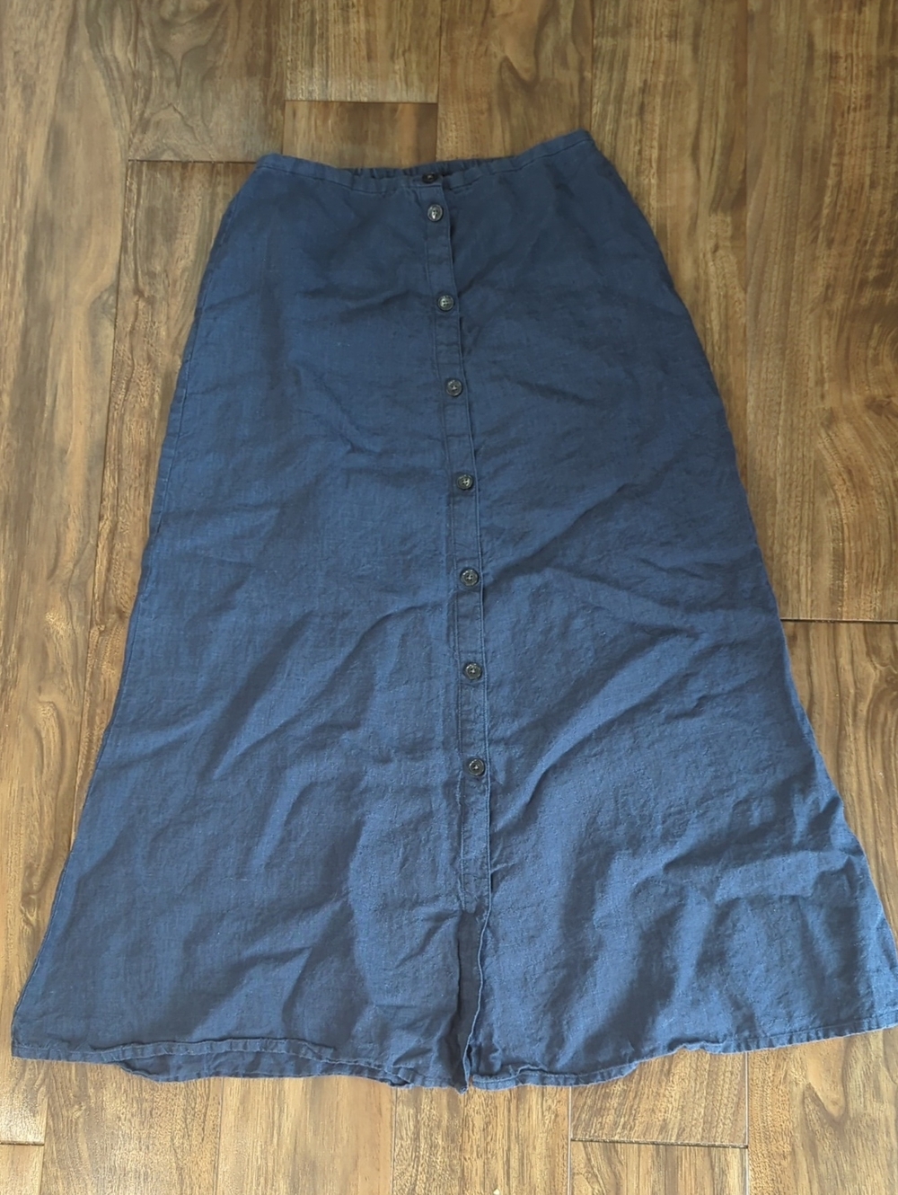 Eddie Bauer 100% Linen Navy Button-Front A-Line Midi Skirte